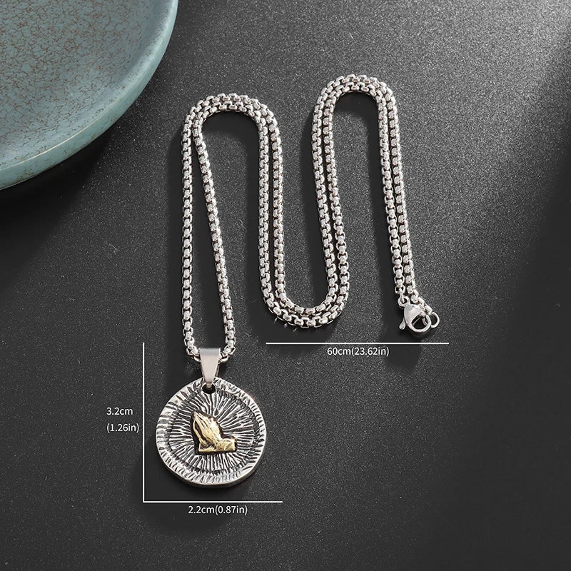 New Classic Stone Pattern Praying Hands Necklace Men's and Women's Faith God Amulet Jewelry Accessories