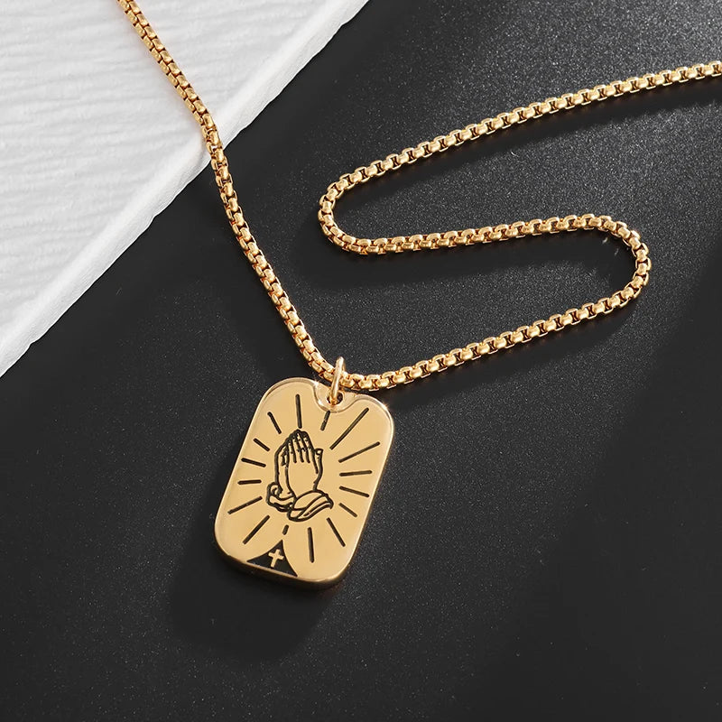 New Classic Stone Pattern Praying Hands Necklace Men's and Women's Faith God Amulet Jewelry Accessories