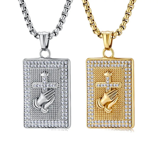 Hiphop Stainless Steel Praying Hands Cross Necklace For Men Iced Out Zircon Geometric Pendant Collar Hombre