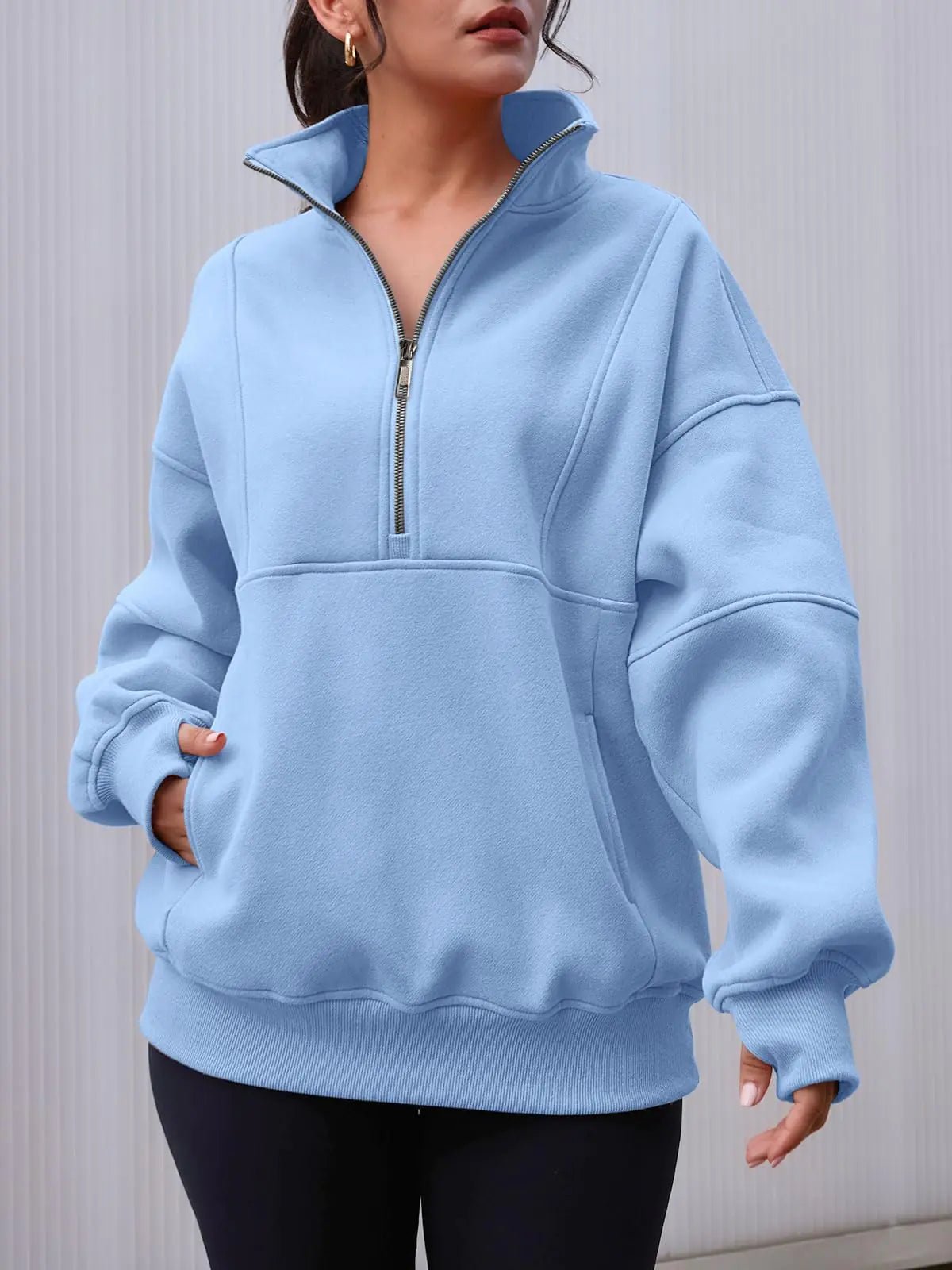 AUTOMET Women's Half Zip Oversized Sweatshirts Fleece Long Sleeve Hoodies Casual Sweaters with Pockerts Large Lightblue