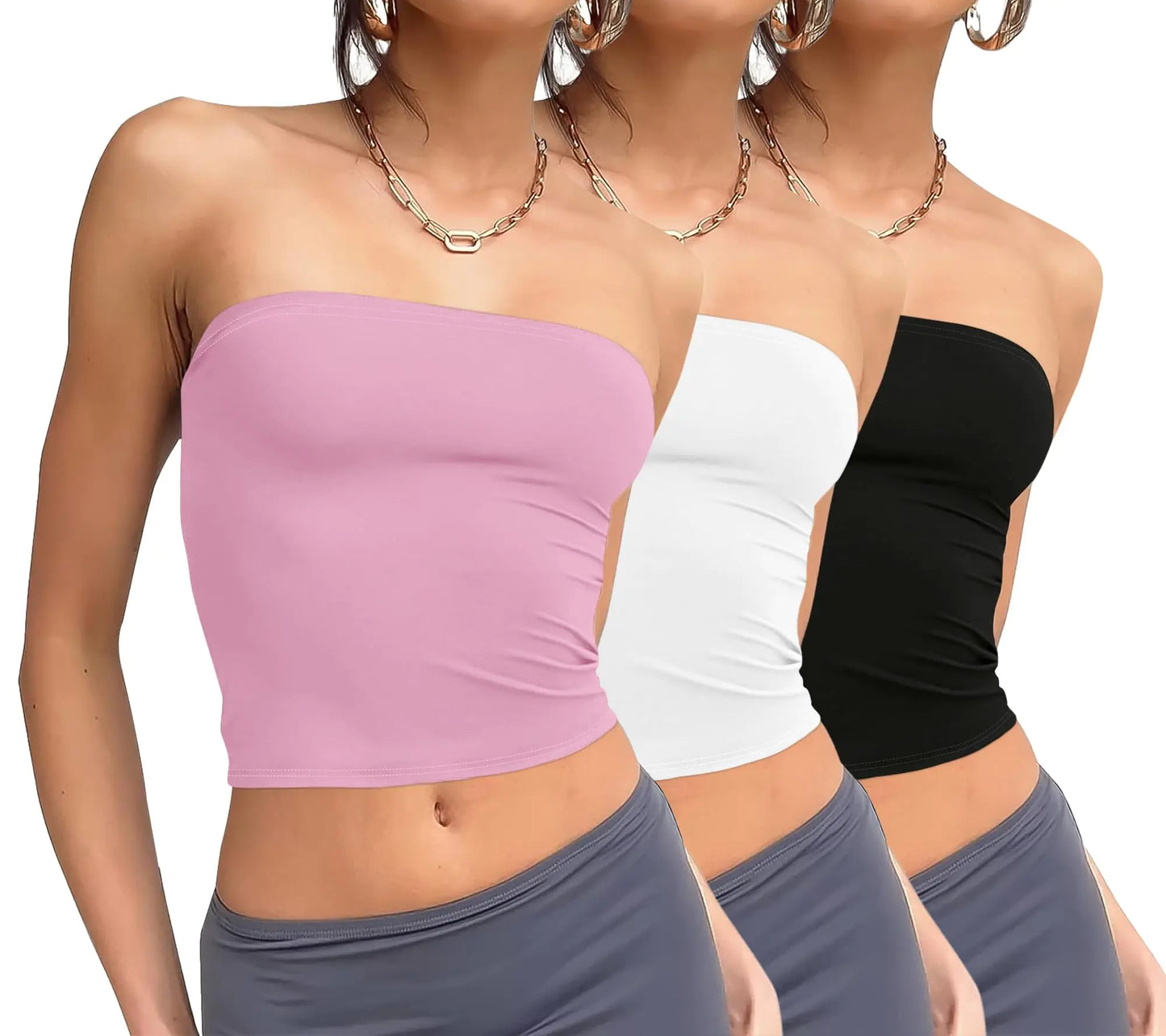 WIHOLL 3 Pack Tube Tops for Women Slim Fit Crop Tops Going Out Strapless Tank Tops Bandeau Summer Outfits 2024 Y2K Clothes 3 Pack Black/White/Pink Small