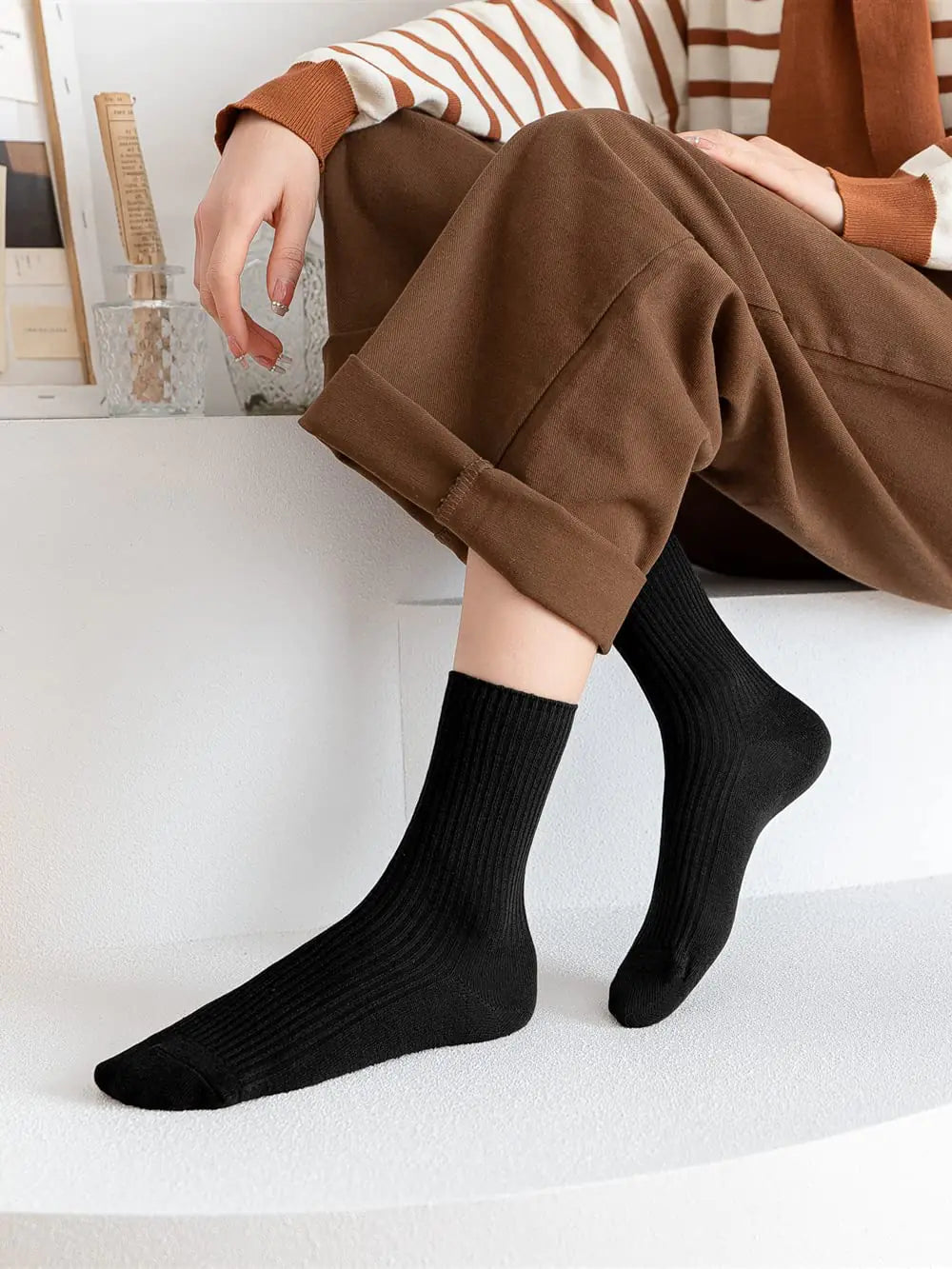 ACCFOD Womens Cute Crew Socks Casual Athletic Aesthetic Socks Neutral Cotton Socks for Women Granola Girls Clothes 9-11 Black