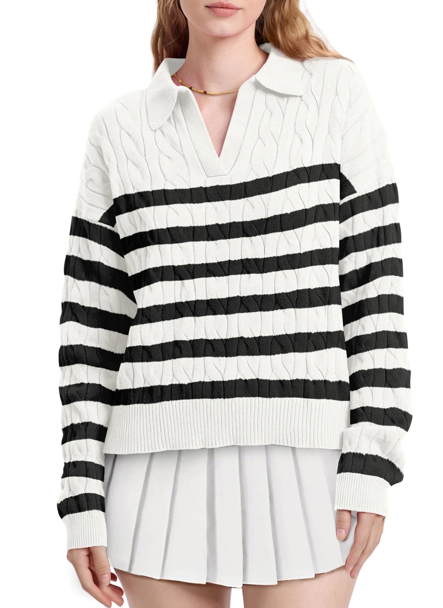 WIHOLL Long Sleeve Sweaters for Women 2024 Fall Winter Outfits Fashion Polo V Neck Clothes Tops 2-black Stripe XX-Large