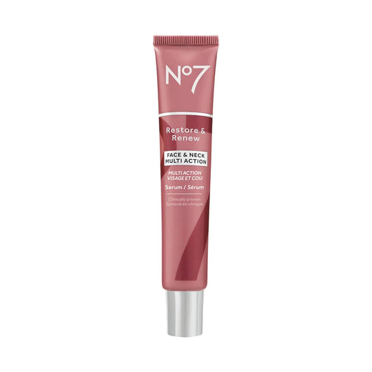 No7 Restore & Renew Multi-Action Face & Neck Serum - Anti Aging Serum for Deep Wrinkle Repair - Collagen Infused Face Serum with a Hydrating Blend of Hibiscus Peptides & Hyaluronic Acid (1.69 Fl Oz) 1.69 Fl Oz (Pack of 1)