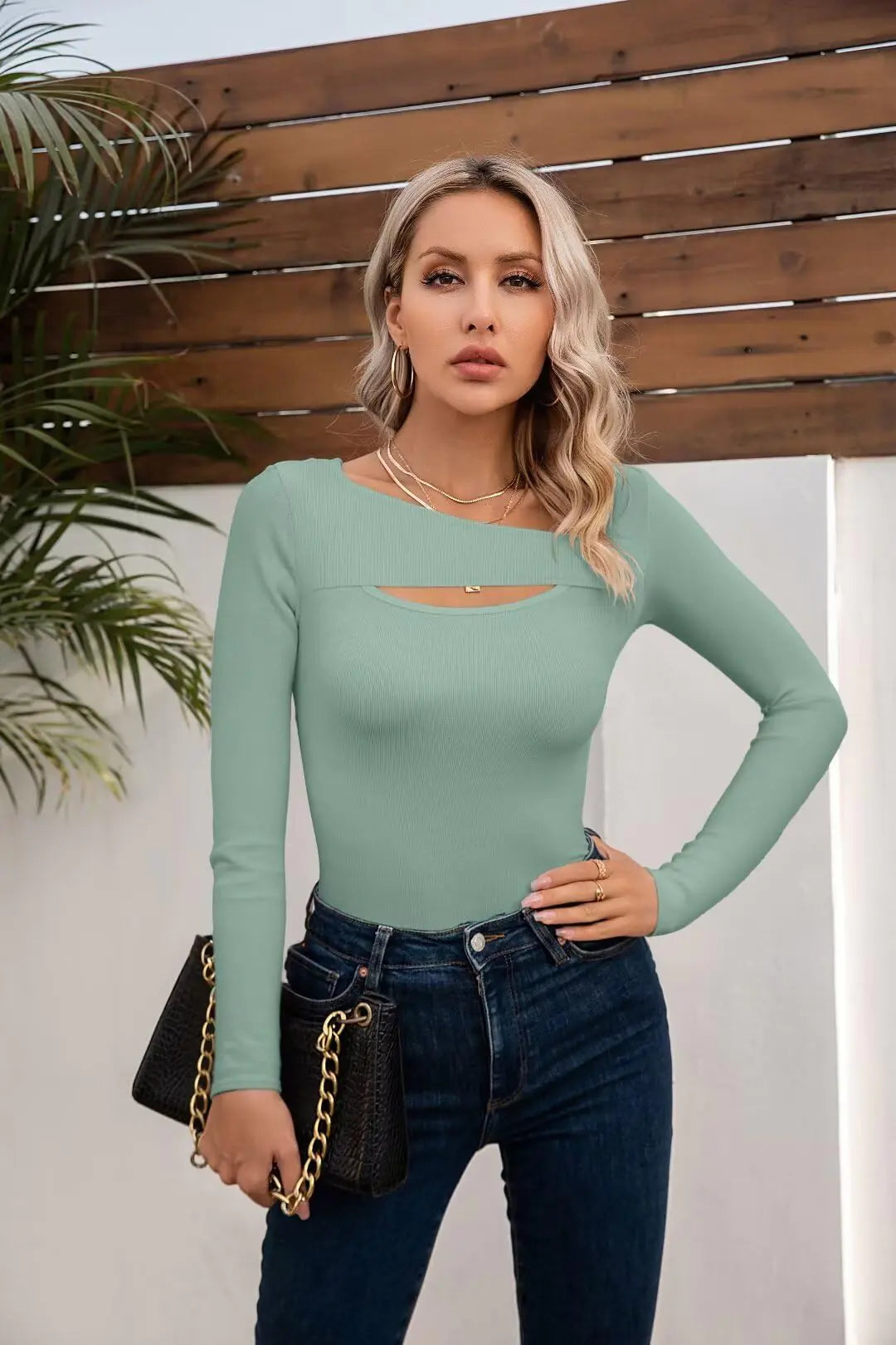 VICHYIE Womens Fashion Fall Clothes One Piece Cutout Tops Long Sleeve Ribbed Slim Fitted Shirts Tee Tshirts Large Long-moss Green