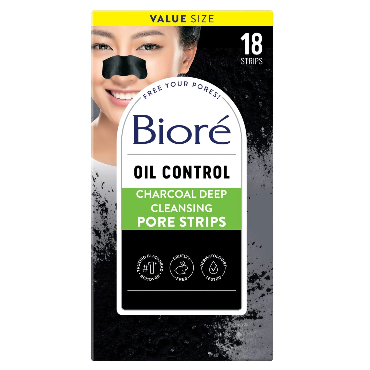 Biore Charcoal, Deep Cleansing Pore Strips, Nose Strips for Blackhead Removal on Oily Skin, with Instant Pore Unclogging, features Natural Charcoal, See 3x Less Oil, 18 Count Charcoal Pore Strips 18 Count (Pack of 1)