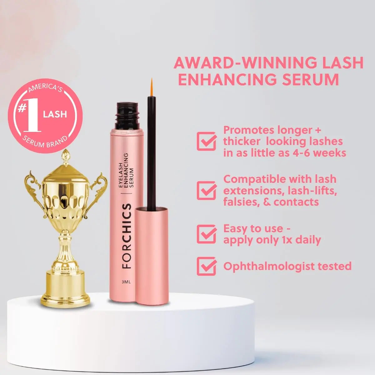 ForLash Hormone-Free Eyelash Growth Serum - Lash Enhancer for Longer, Thicker, and Fuller Lashes - Organic & Vegan - [0.10 fl. oz / 3ml] 1 Count (Pack of 1)