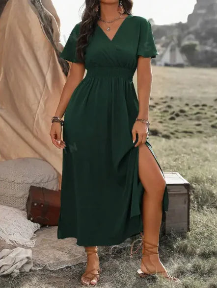 Solid Color And V-neck Bell Sleeve Elastic And Waisted Slimming Slit Long Dress