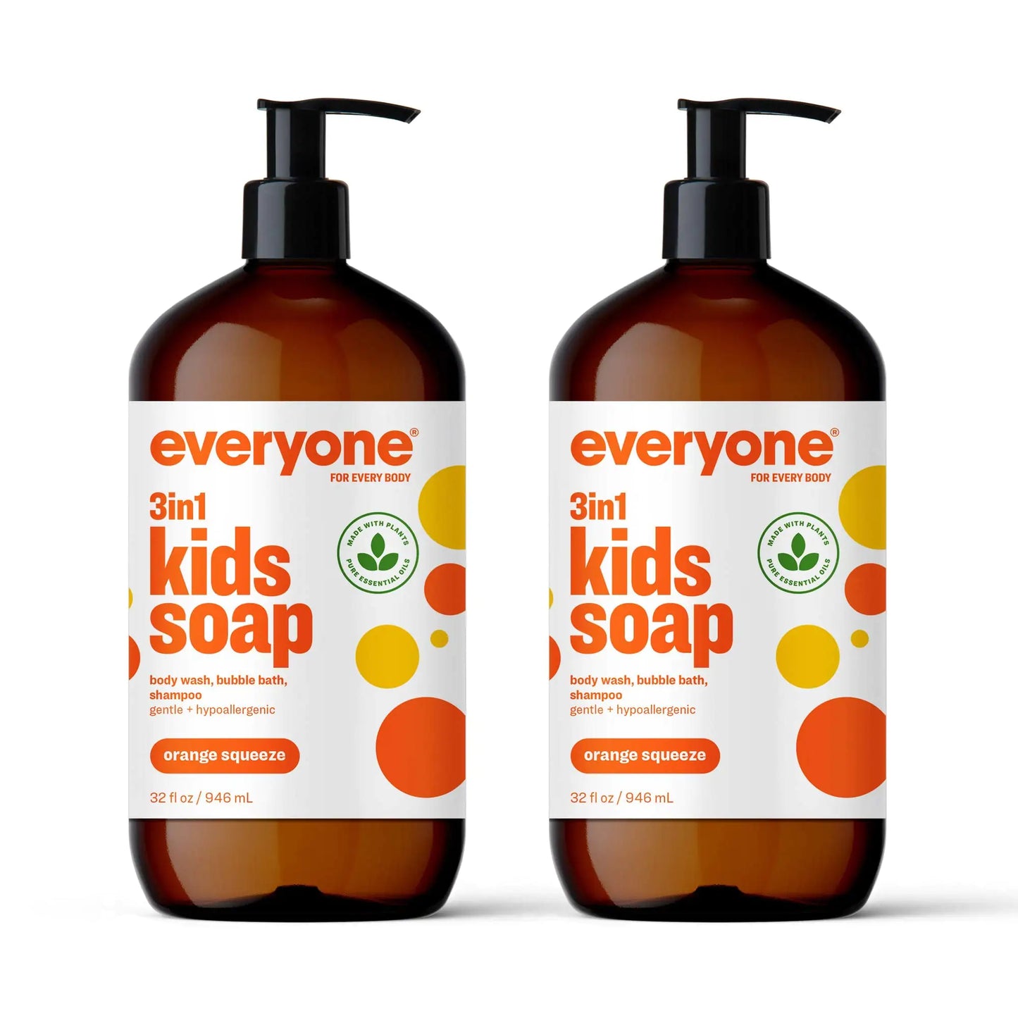 Everyone 3-in-1 Kids Soap, Body Wash, Bubble Bath, Shampoo, 32 Ounce (Pack of 2), Orange Squeeze, Coconut Cleanser with Organic Plant Extracts and Pure Essential Oils (Packaging May Vary) 32 Fl Oz (Pack of 2)