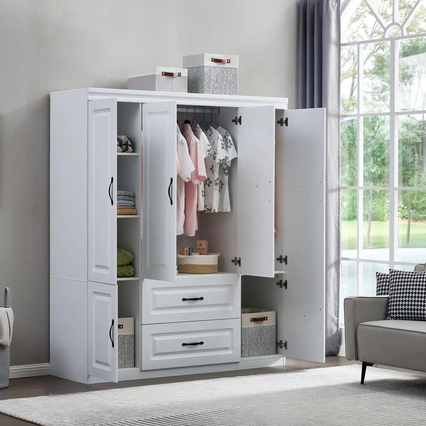 YG-15 74" H White Solid Wood Freestanding Wardrobe Closet for Clothes Storage. Bedroom Wardrobe Storage Cabinet featuring 2 Hanging Rod Shelves, 2 Drawers, and 5 Storage Compartments