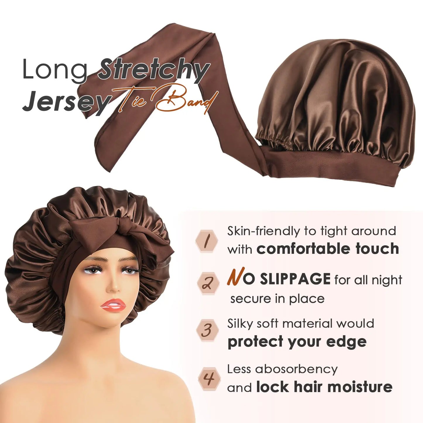 YANIBEST Satin Bonnet Silk Bonnet for Sleeping Double Layer Satin Lined Hair Bonnet with Tie Band for Women Curly Hair Large Brown