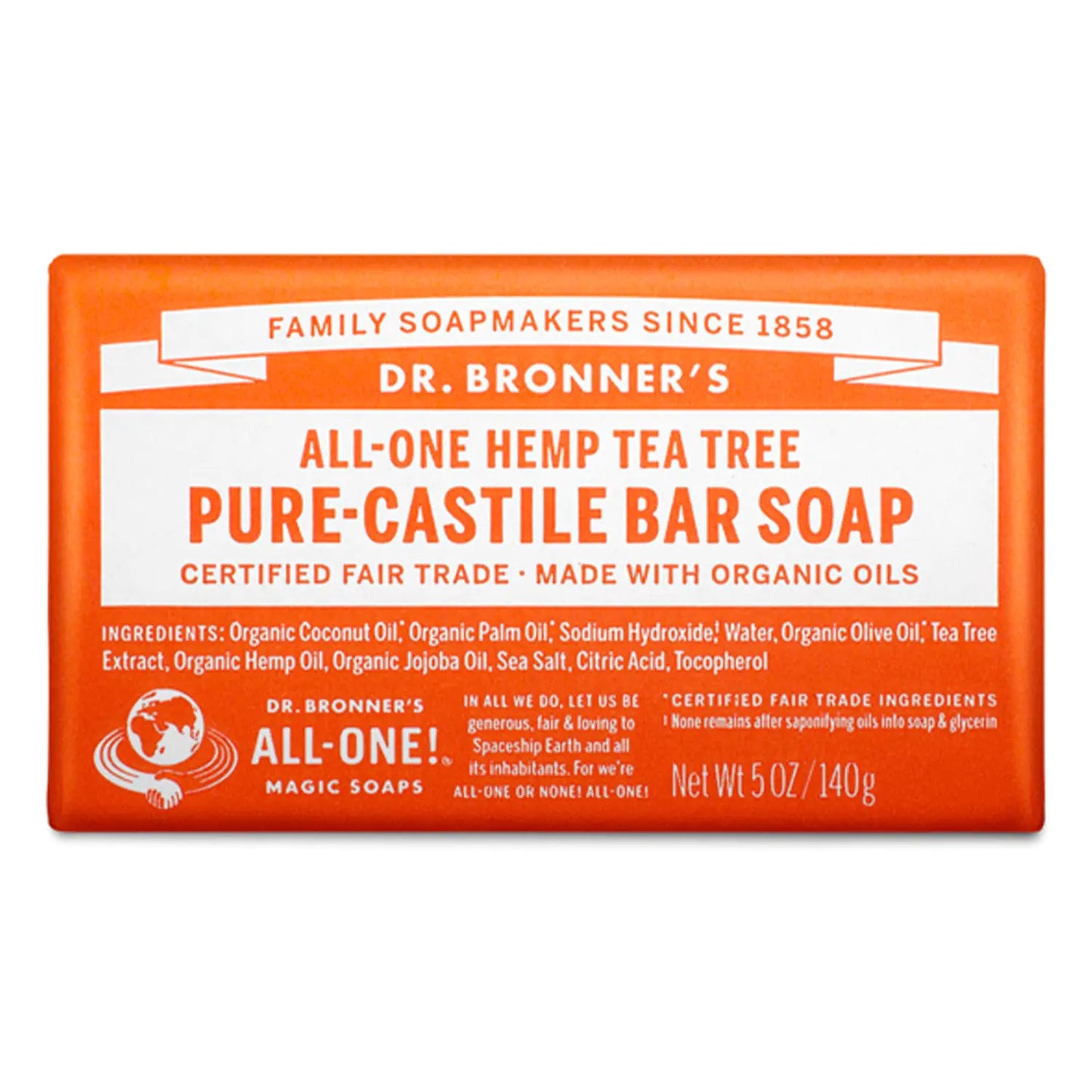 Dr. Bronner's - Pure-Castile Bar Soap (Tea Tree, 5 ounce) - Made with Organic Oils, For Face, Body, Hair and Dandruff, Gentle on Acne-Prone Skin, Biodegradable, Vegan, Non-GMO 5 Ounce (Pack of 1)