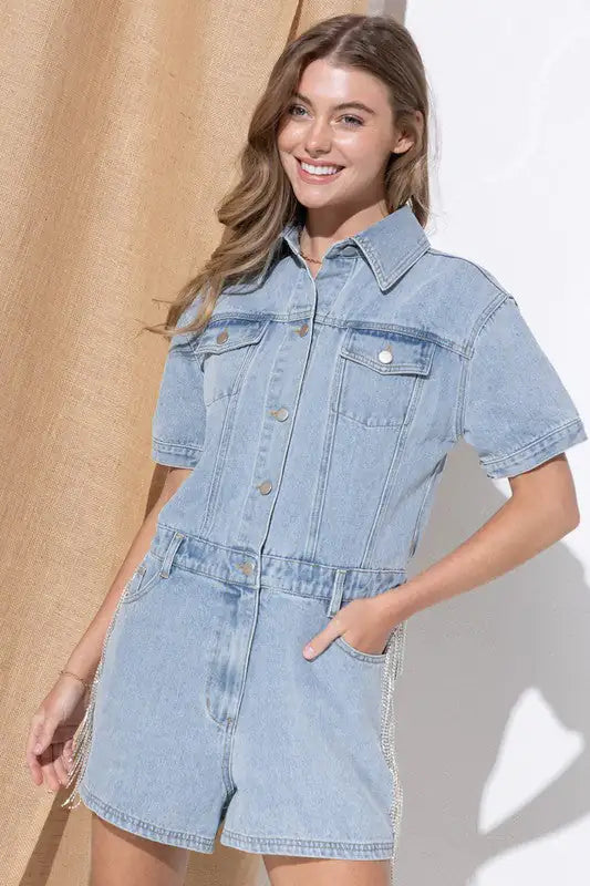 Washed Denim Overall Romper