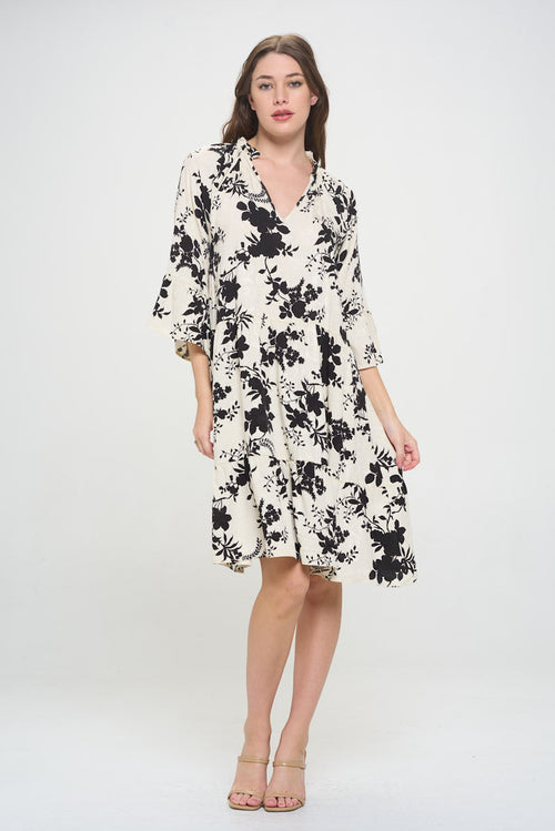 Floral Print V neck 3/4 Sleeve Tiered Dress