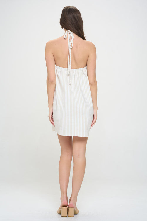 Striped Halter neck Sleeveless Dress with Open Back