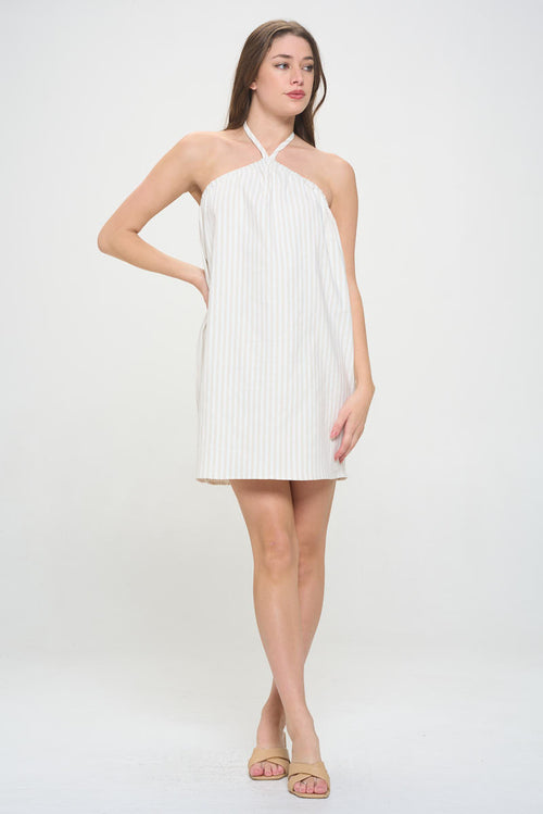 Striped Halter neck Sleeveless Dress with Open Back