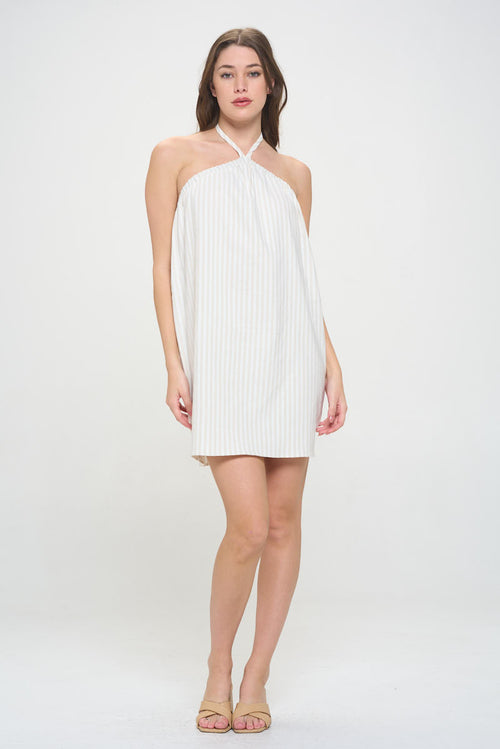 Striped Halter neck Sleeveless Dress with Open Back