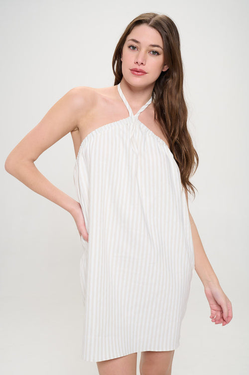 Striped Halter neck Sleeveless Dress with Open Back