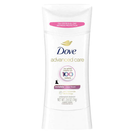 Dove Advanced Care Antiperspirant Deodorant Stick Clear Finish Antiperspirant deodorant that doesn’t stain clothes 72-hour odor control and all-day sweat protection with Pro-Ceramide Technology 2.6 oz Fragranced 2.6 Ounce (Pack of 1)