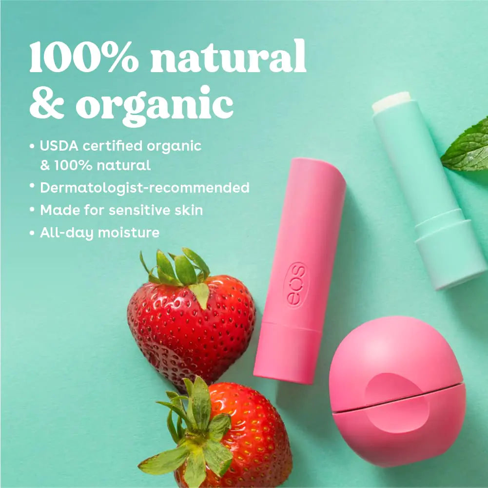 eos 100% Natural & Organic Lip Balm Sticks- Strawberry Sorbet, Vanilla Bean, Sweet Mint & Pomegranate Raspberry, Lip Care Products, 0.14 oz, 4-Pack 4 Pack Organic