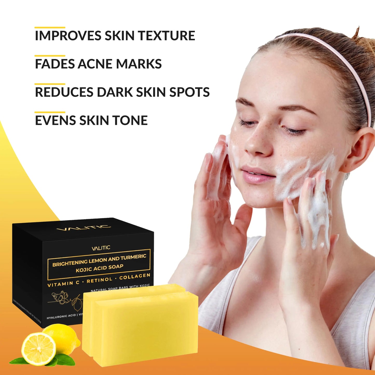 VALITIC Brightening Lemon & Turmeric Kojic Acid Soap with Vitamin C, Retinol, Collagen - Original Japanese Complex - with Hyaluronic Acid, Vitamin E, Shea Butter, Castile Olive Oil 2 Pack+Holder 2 Pack + Holder