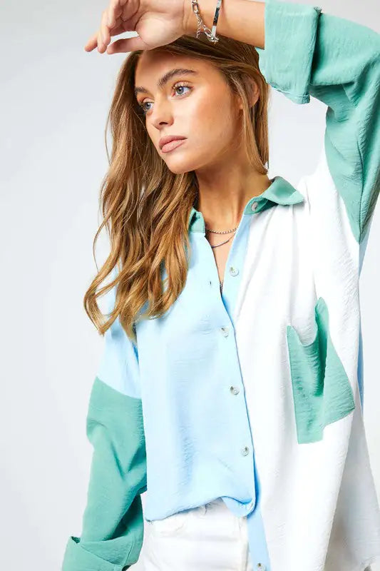 Color Block Button Up Blouse