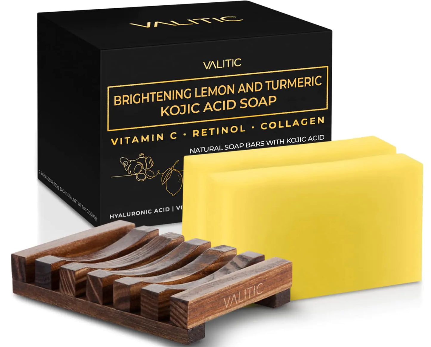 VALITIC Brightening Lemon & Turmeric Kojic Acid Soap with Vitamin C, Retinol, Collagen - Original Japanese Complex - with Hyaluronic Acid, Vitamin E, Shea Butter, Castile Olive Oil 2 Pack+Holder 2 Pack + Holder