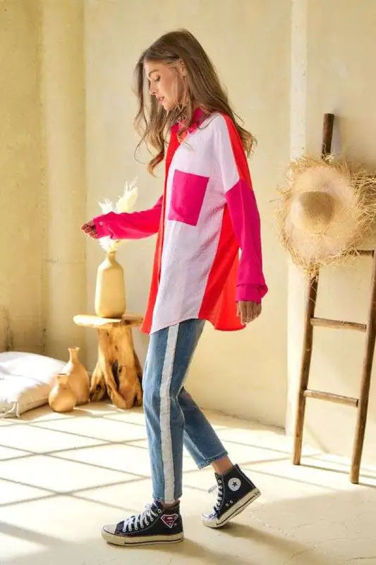 Color Block Button Up Blouse