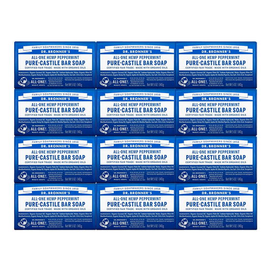 Dr. Bronner's - Pure-Castile Bar Soap (Peppermint, 5 Ounce, 12-Pack) - Made with Organic Oils, For Face, Body & Hair, Gentle & Moisturizing, Biodegradable, Vegan, Cruelty-free, Non-GMO 5 Ounce (Pack of 12)