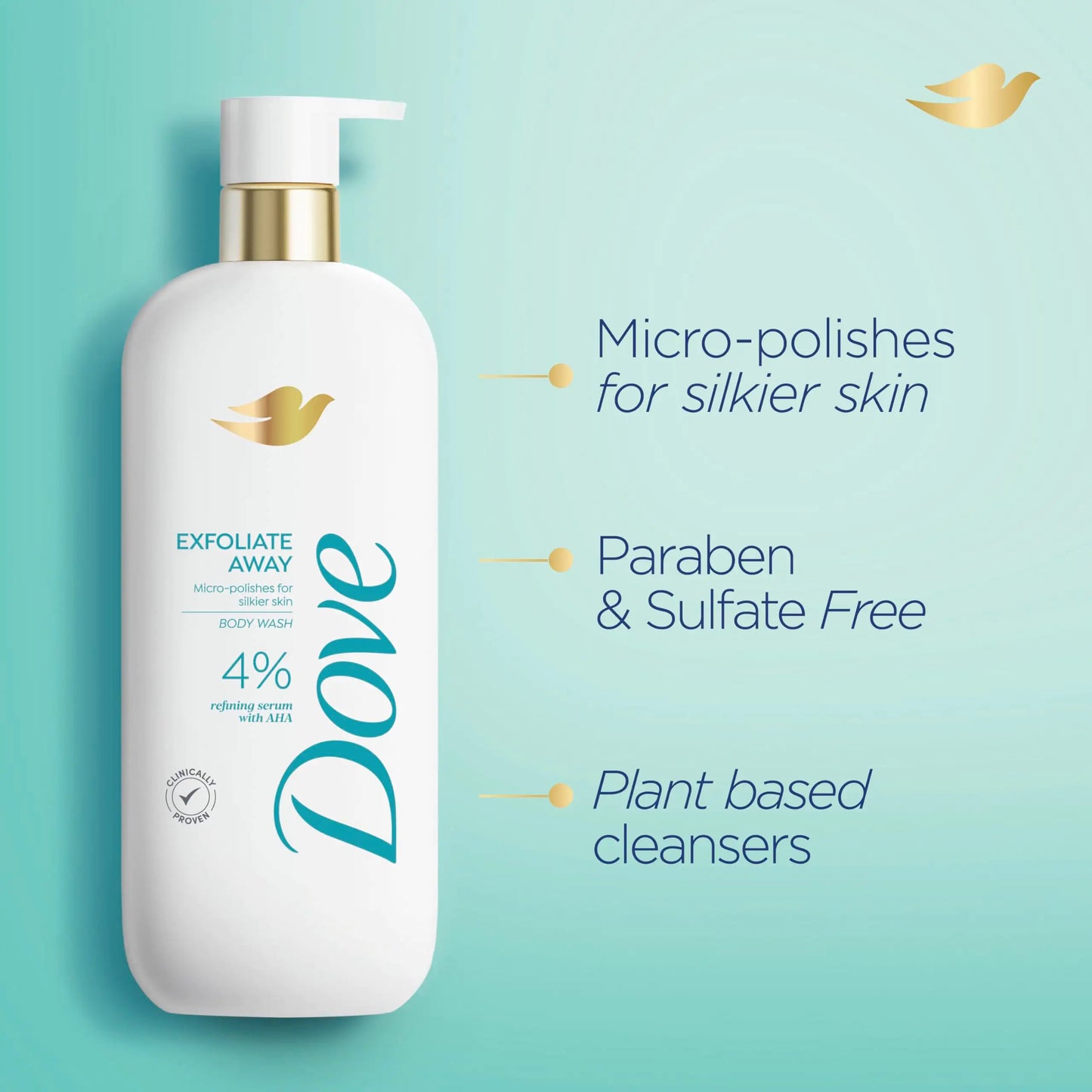 Dove Exfoliating Body Wash Glow Recharge Energizes & illuminates skin 3% brightening serum & Body Wash Exfoliate Away Micro-polishes for silkier skin 4% refining serum with AHA 18.5 oz Baby Wash + Body Wash Exfoliate Away