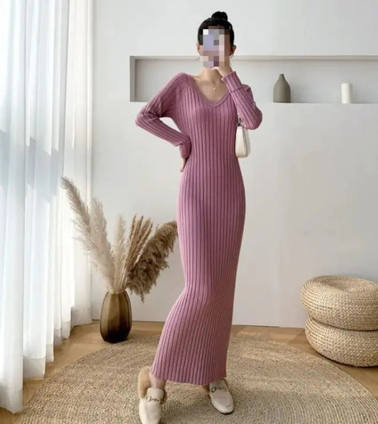 V-neck Knitted Dress Women's Slim Bottoming Shirt