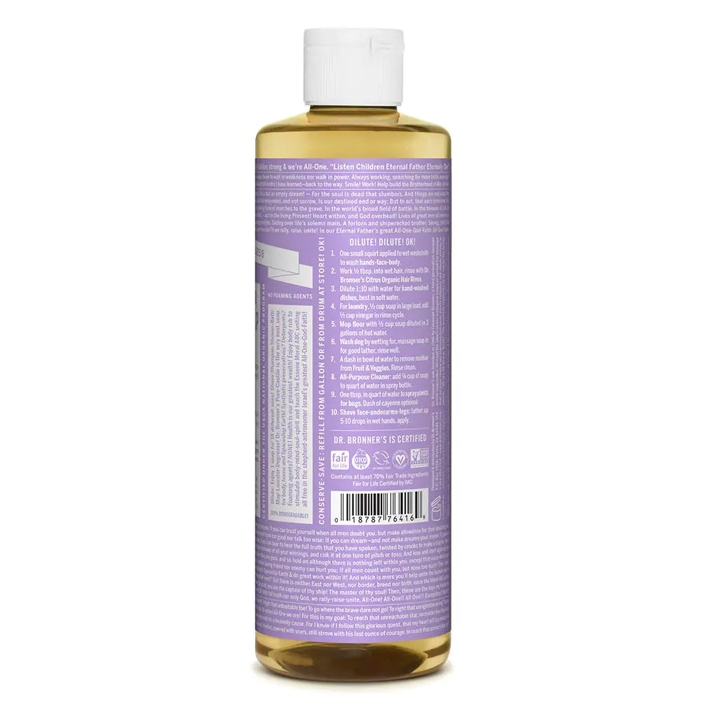 Dr. Bronner's - Pure-Castile Liquid Soap (Lavender, 16 ounce) - Made with Organic Oils, 18-in-1 Uses: Face, Body, Hair, Laundry, Pets & Dishes, Concentrated, Vegan, Non-GMO Lavender 16 Fl Oz (Pack of 1)