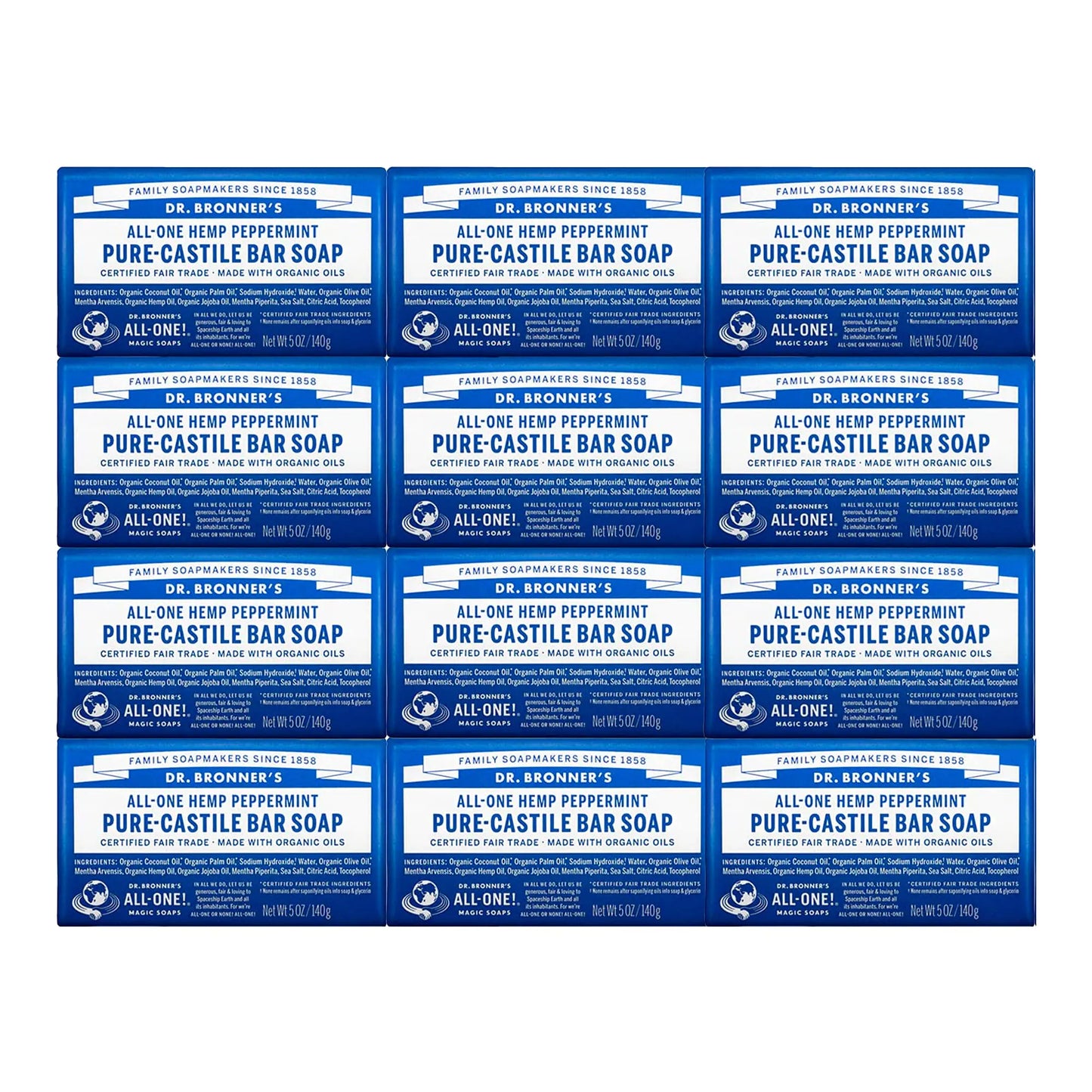 Dr. Bronner's - Pure-Castile Bar Soap (Peppermint, 5 Ounce, 12-Pack) - Made with Organic Oils, For Face, Body & Hair, Gentle & Moisturizing, Biodegradable, Vegan, Cruelty-free, Non-GMO 5 Ounce (Pack of 12)