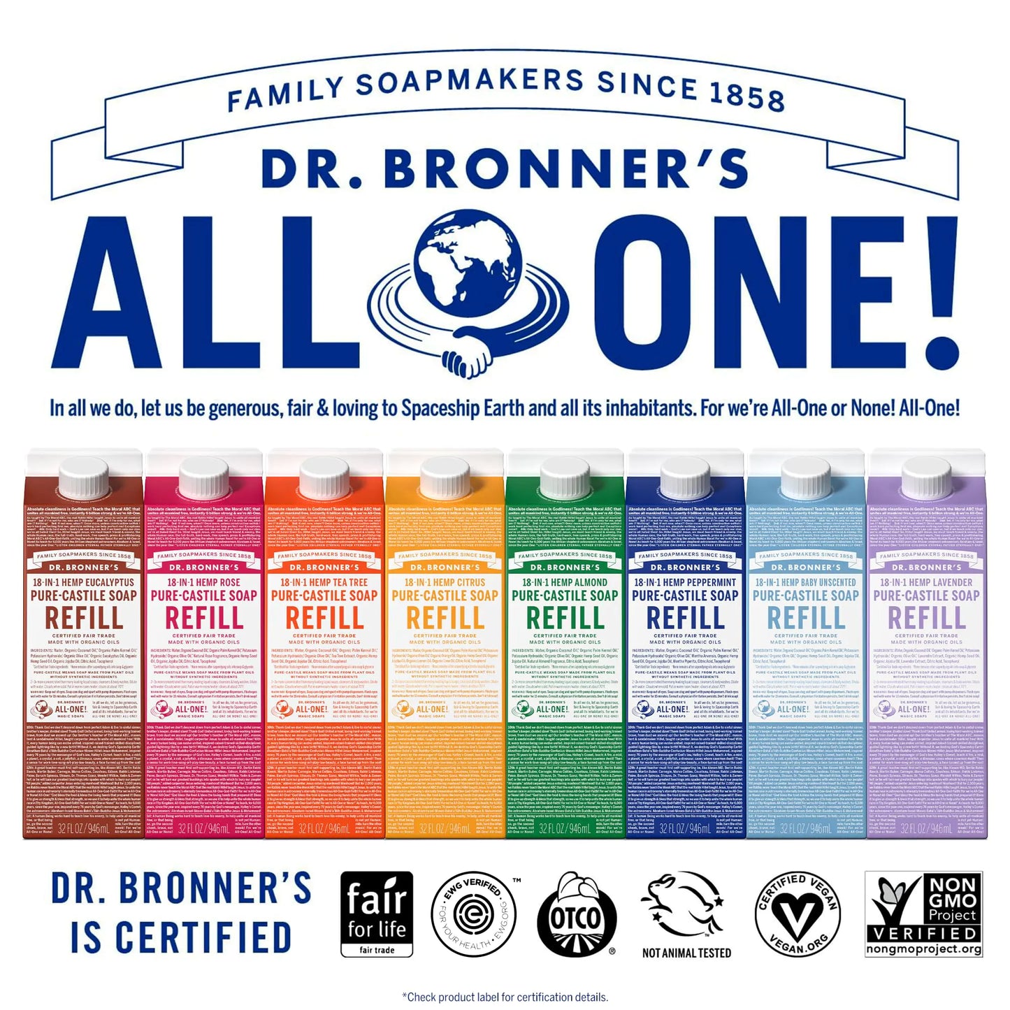 Dr. Bronner's - Pure-Castile Liquid Soap Bottle & Refill Carton Made with 82% Less Plastic (Almond, 32 oz) - Face, Body, Hair, Laundry, Dishes & More, Super-Concentrated, Organic, Vegan, Non-GMO Almond