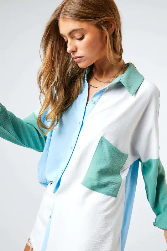 Color Block Button Up Blouse