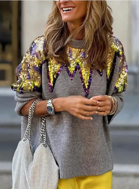 Color block Sequin Pullover Sweater