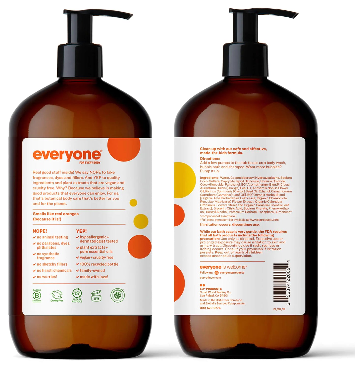 Everyone 3-in-1 Kids Soap, Body Wash, Bubble Bath, Shampoo, 32 Ounce (Pack of 2), Orange Squeeze, Coconut Cleanser with Organic Plant Extracts and Pure Essential Oils (Packaging May Vary) 32 Fl Oz (Pack of 2)