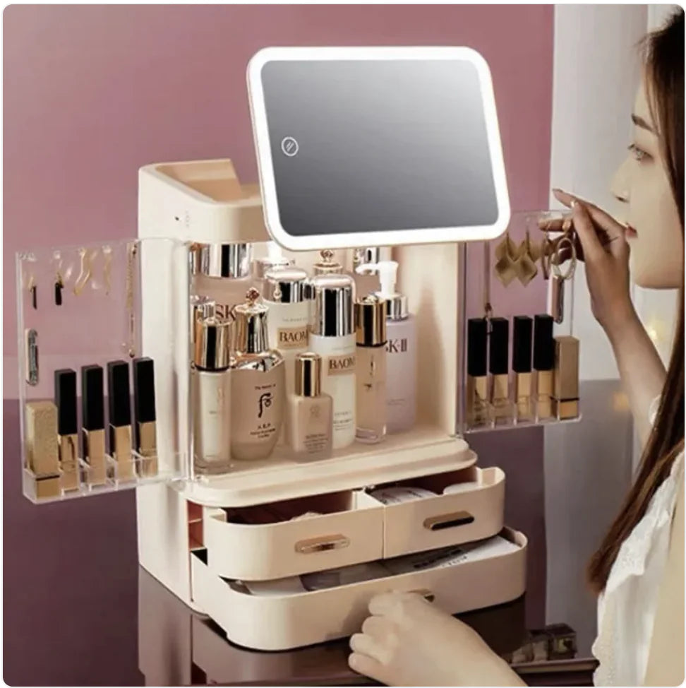 Large-Capacity Desktop Makeup Organizer with Mirror and Light